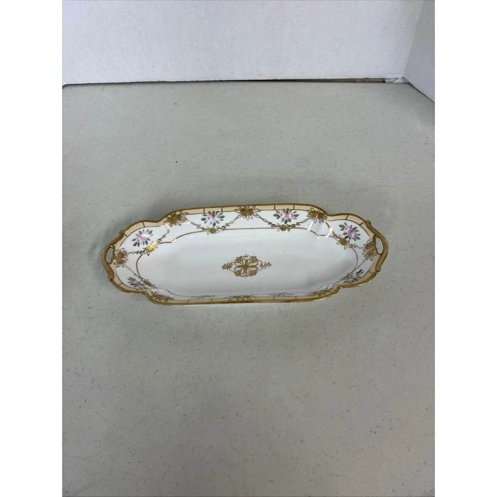 Antique Nippon Hand Painted Porcelain Celery Dish Gold Moriage Pink Floral Tray